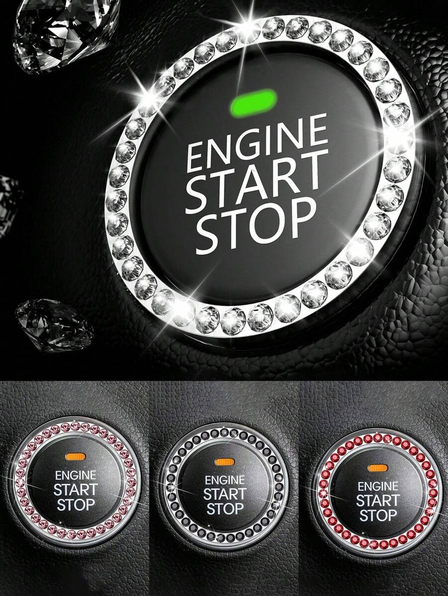 Car Interior Decoration Emblem Sticker, Bling Car Crystal Rhinestone Ring Accessories For Women, Automotive Parts Start Engine Ignition Button & Key Ignition Starter & Knob Ring,Bling Car Crystal Rhinestone Ring Emblem Sticker