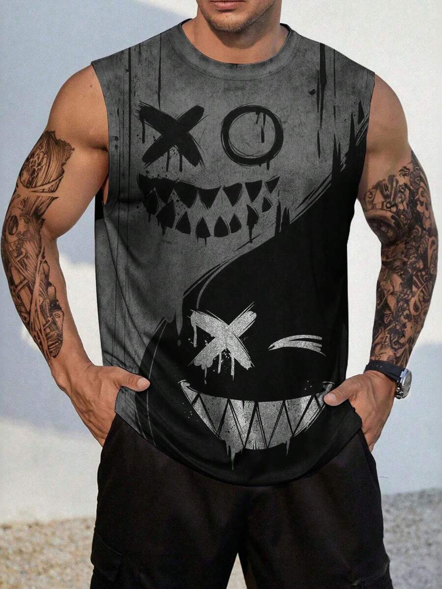 Parte superior sin mangas con cuello redondo y estampado 3D, de colores patchwork, para hombres de talla grande, estilo gótico de verano