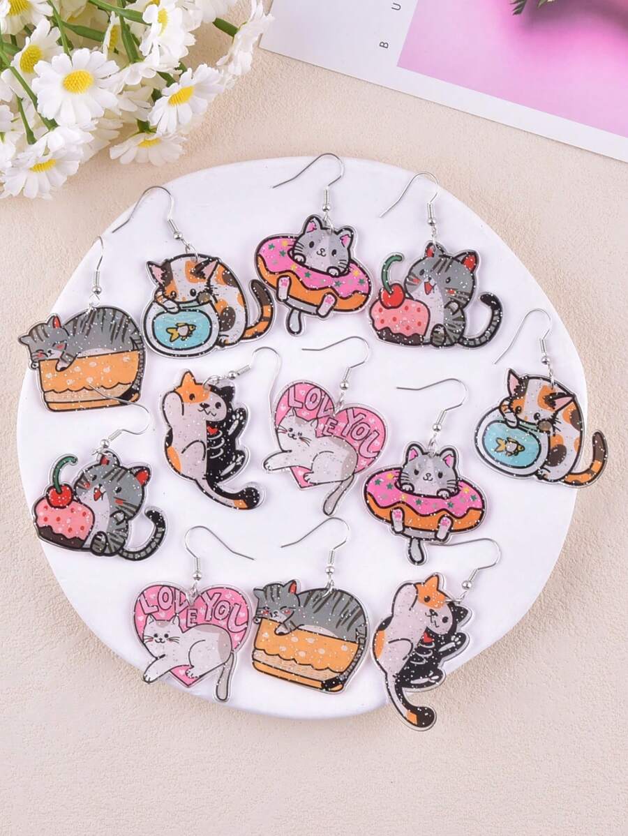 1 Pair Lovely Cake, Cat, Sea Fish, Skull Cat Design Earrings For Women, Party Jewelry Decoration