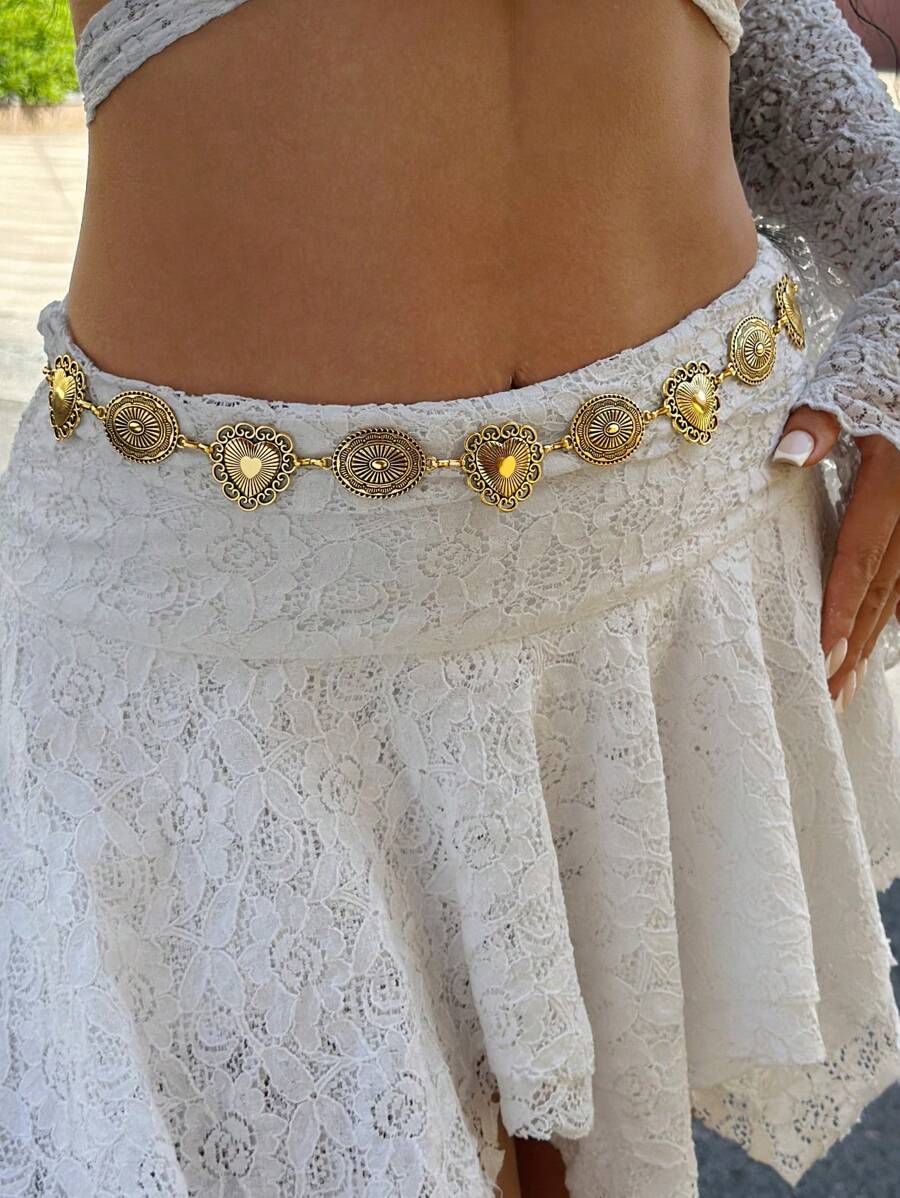 1 pièce Chaîne de taille métallique rétro, ceinture de taille ovale en forme de cœur dorée, accessoire de bijoux de corps pour femmes
