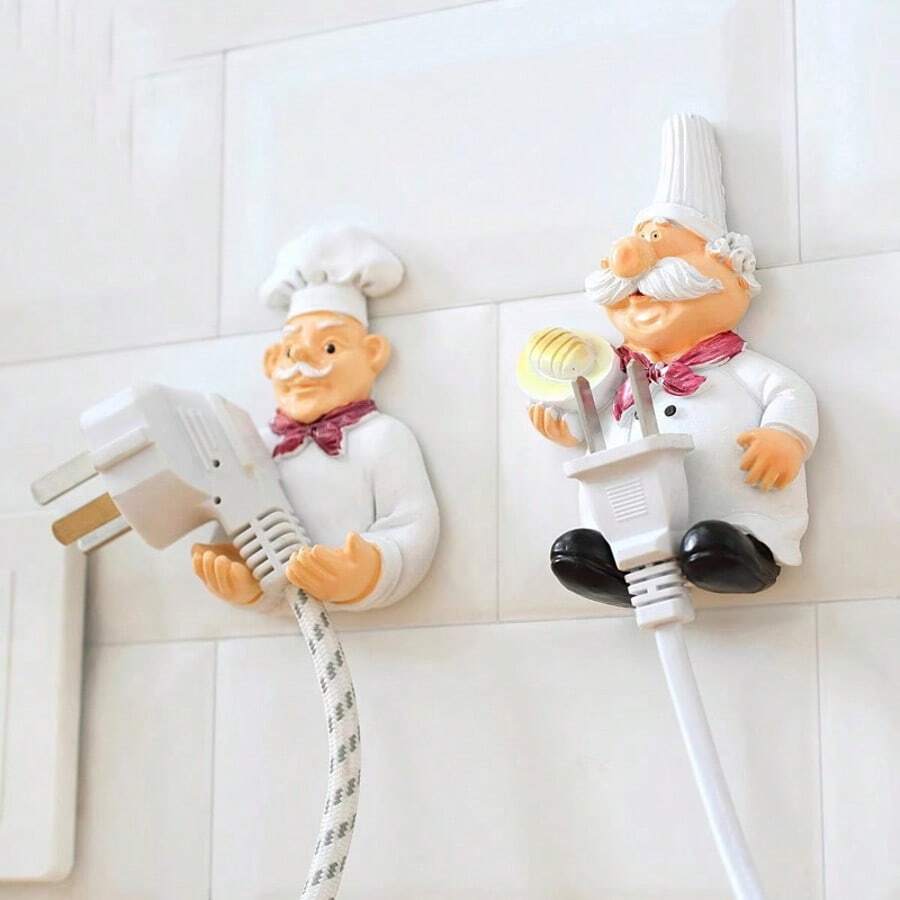 1 Cartoon Power Cord Storage Hanger, Kitchen Chef Plug Hook Strong Adhesive Hook, No Drilling Creative Plug Organizer