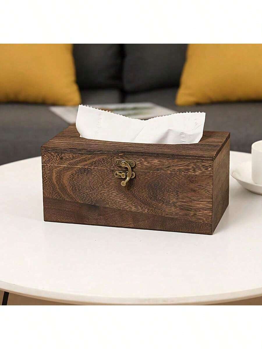 1pc Vintage Wooden Tissue Box Holder - Rustic Burnt Paulownia Wood Veneer With Elegant Metal Clasp, Chic Home Decor For Living Room, Dining Table, Bedroom