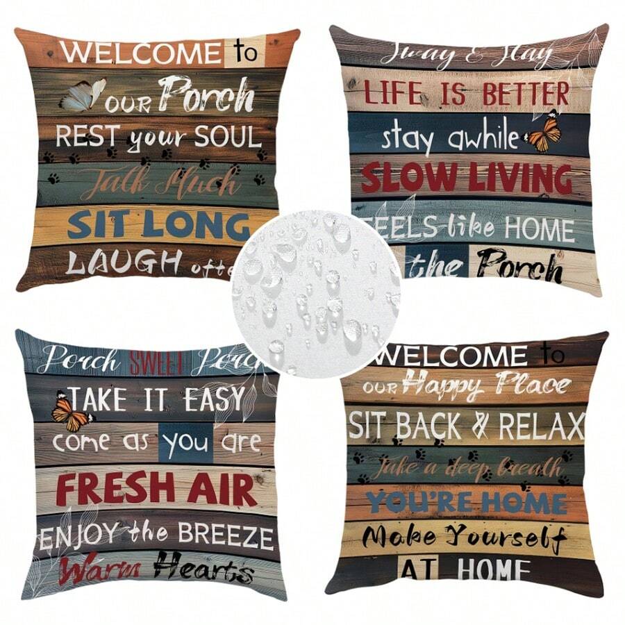 4pcs, Brown Blue Wood Text Outdoor Throw Pillow Covers Farmhouse Decorative Pillowcases One Sided Printing For Balcony Garden Patio Furniture Tent Swing Deep Seat Sofa Decor Without Pillow Inserts, Polyester, 16x16 18x18 20x20 Inches
