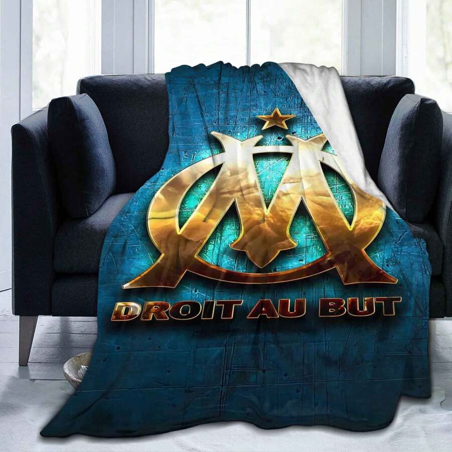 Superweiches Flanell-Decke mit kreativem "OM" Design, inspiriert von Marseille - Bequeme 4-Jahreszeiten-Decke für Wohnzimmer, Büro, Sofa oder Reisen - perfekte Geschenkidee - Blau-weiß Marseille Muster