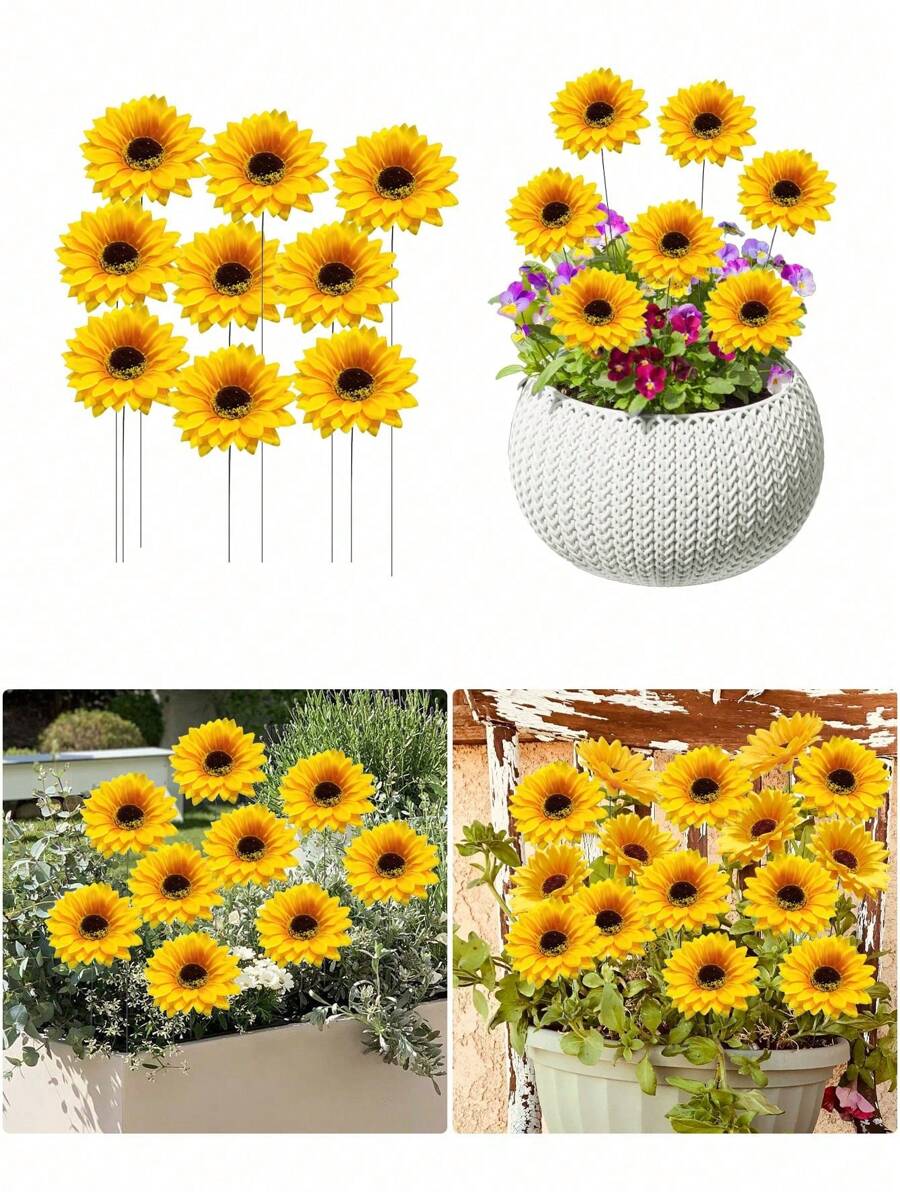 5 Stücke/Set - Sonnenblumen Garten Dekoration - Leuchtend gelbe künstliche Blumen mit schwarzen Samen und grünen Blättern, modernes Metall Outdoor Terrassen Ornament für Zugänge, Terrassen und Gärten, batteriefrei, Garten Ornament, Sommer Feengarten Ornament