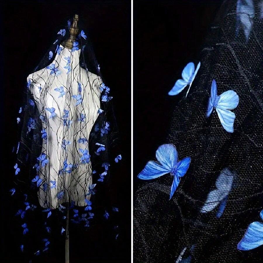 One Exquisite Mesh Embroidery Three-Dimensional Butterfly Black Yarn Lace Fabric Sewing Fabric DIY Handmade Fabric