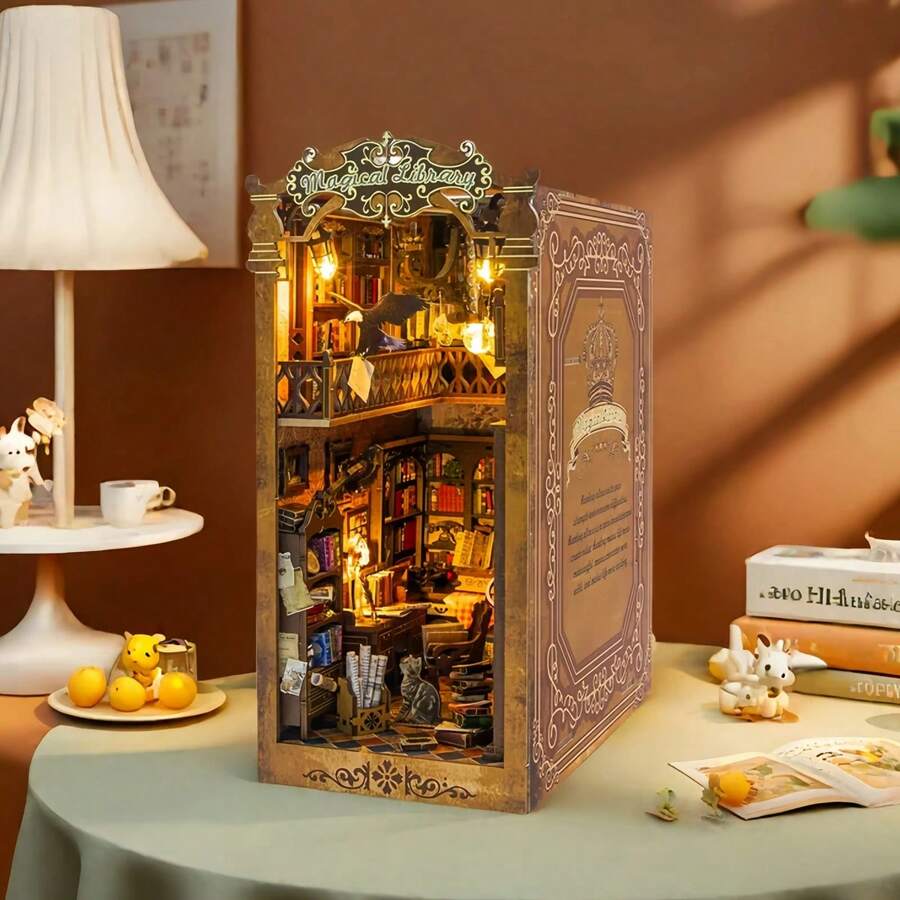 Kit de décoration de modèle d'étagère de bibliothèque inspirée, artisanat miniature en bois à assembler soi-même, idéal pour Pâques, Halloween, cadeau d'anniversaire
