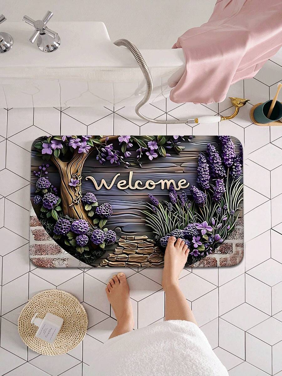 1 pieza Alfombrilla de baño de dióxido de silicio con diseño de flor de hortensia, antideslizante y cómoda, con patrón de grano de madera, adecuada para uso en interiores/exteriores en la entrada, balcón, sala de estar, lavandería y baño, alfombra de bienvenida para decoración de habitaciones, vuelta al cole