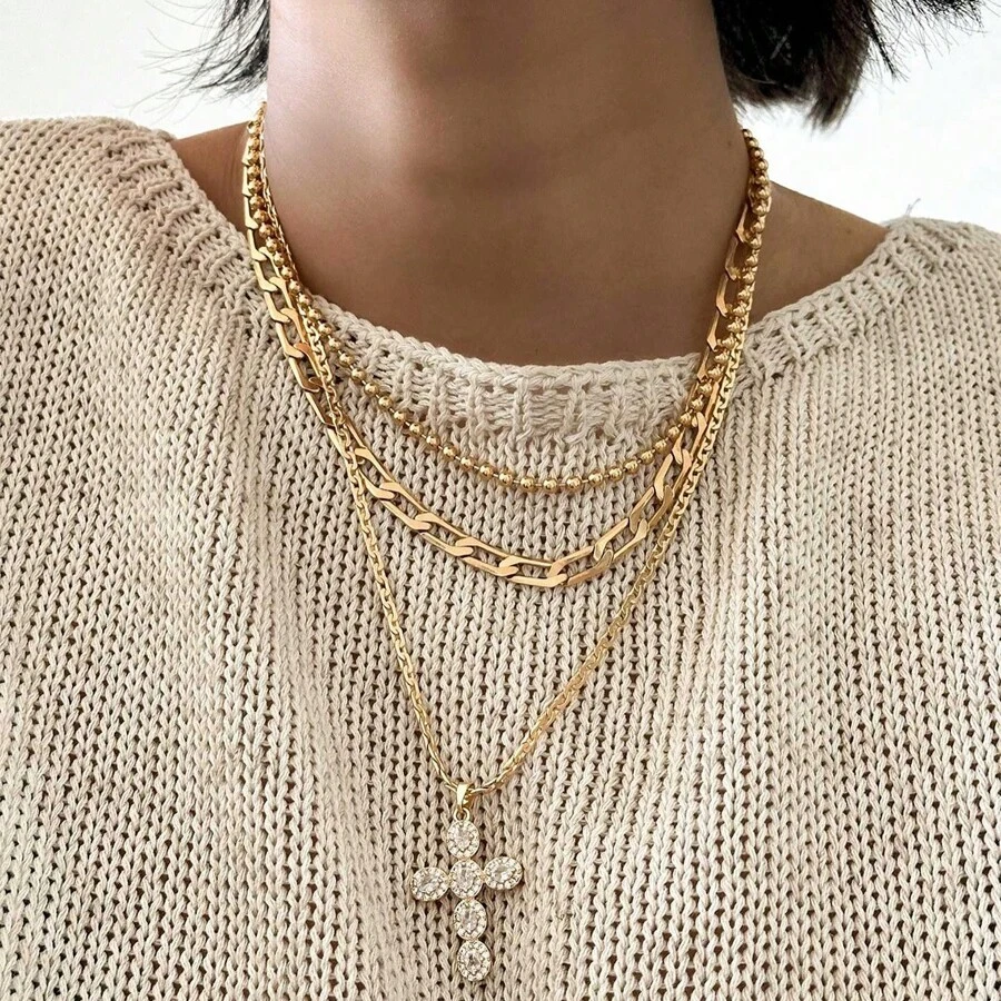 1pc Fashionable Versatile Vintage Gold Metal Inlaid Crystal Cross Pendant Necklace, Suitable For Women For Daily Wear, Festivals, Holidays, Dates, Valentine's Day