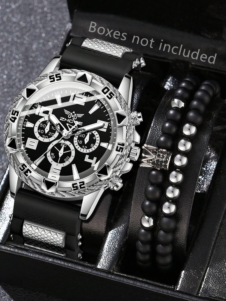 3 PiecesMen's Black Strap Fashion Business Mixed Scale Three Eye Dial Quartz Watch Bracelet Jewelry Set Suitable For Daily Wear Decoration Or Holiday Gifts