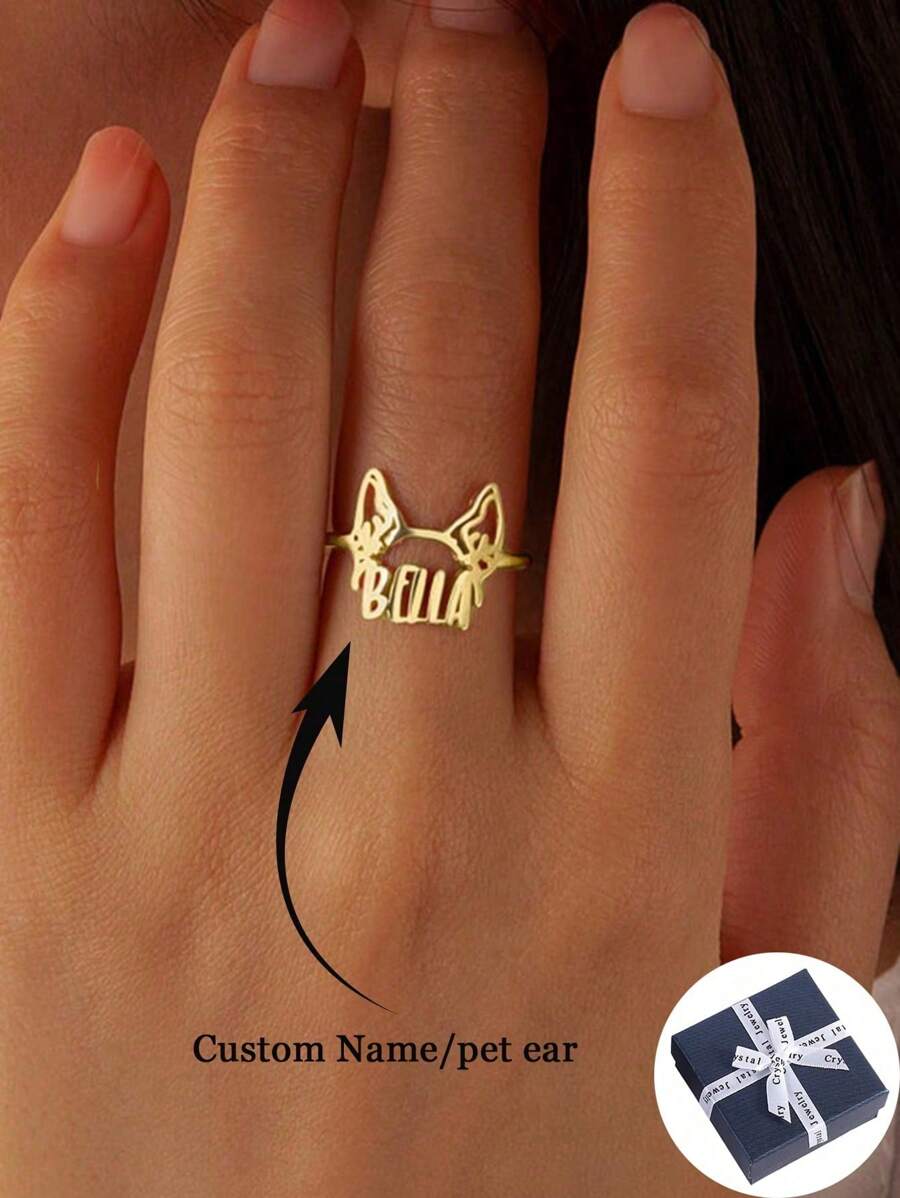 Anillo personalizado con forma de orejas de perro para hombres y mujeres, anillo con nombre de mascota lindo, anillo de acero inoxidable en color plateado o dorado, accesorios para boda, compromiso, uso diario, regalos de aniversario y día de San Valentín