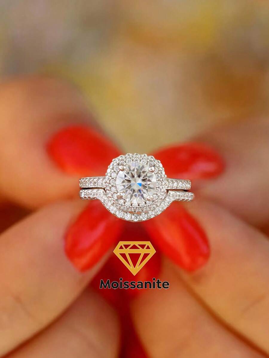 2 Stücke/Set 1ct 4-Krallen Rund & Einreihiges Design Farbloser Moissanit Diamant 2-in-1 Doppelringset Damen Verlobungsring 925er Sterling Silber Einfach Romantisch Paar Ring Ewigkeitsring Hochzeitstag Ring Luxusschmuckgeschenk