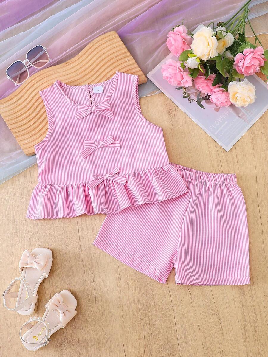 Girls Sleeveless Striped Ruffled Bow Tank Top + Striped Shorts 2Pcs Set, Summer