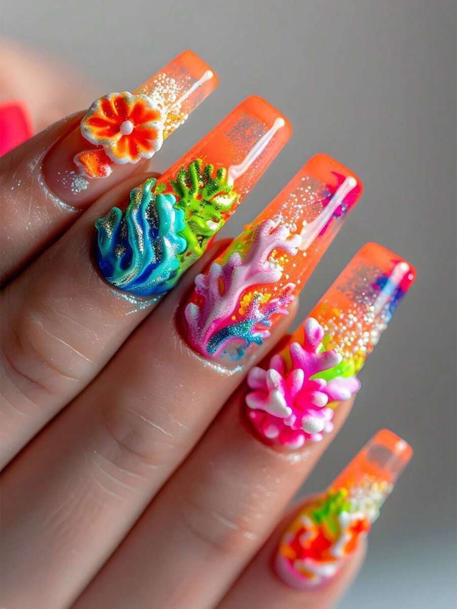 24PCS Summer Coral Plant Long Ballerina Press On Fake Nails Set, Dostawcy Paznokci