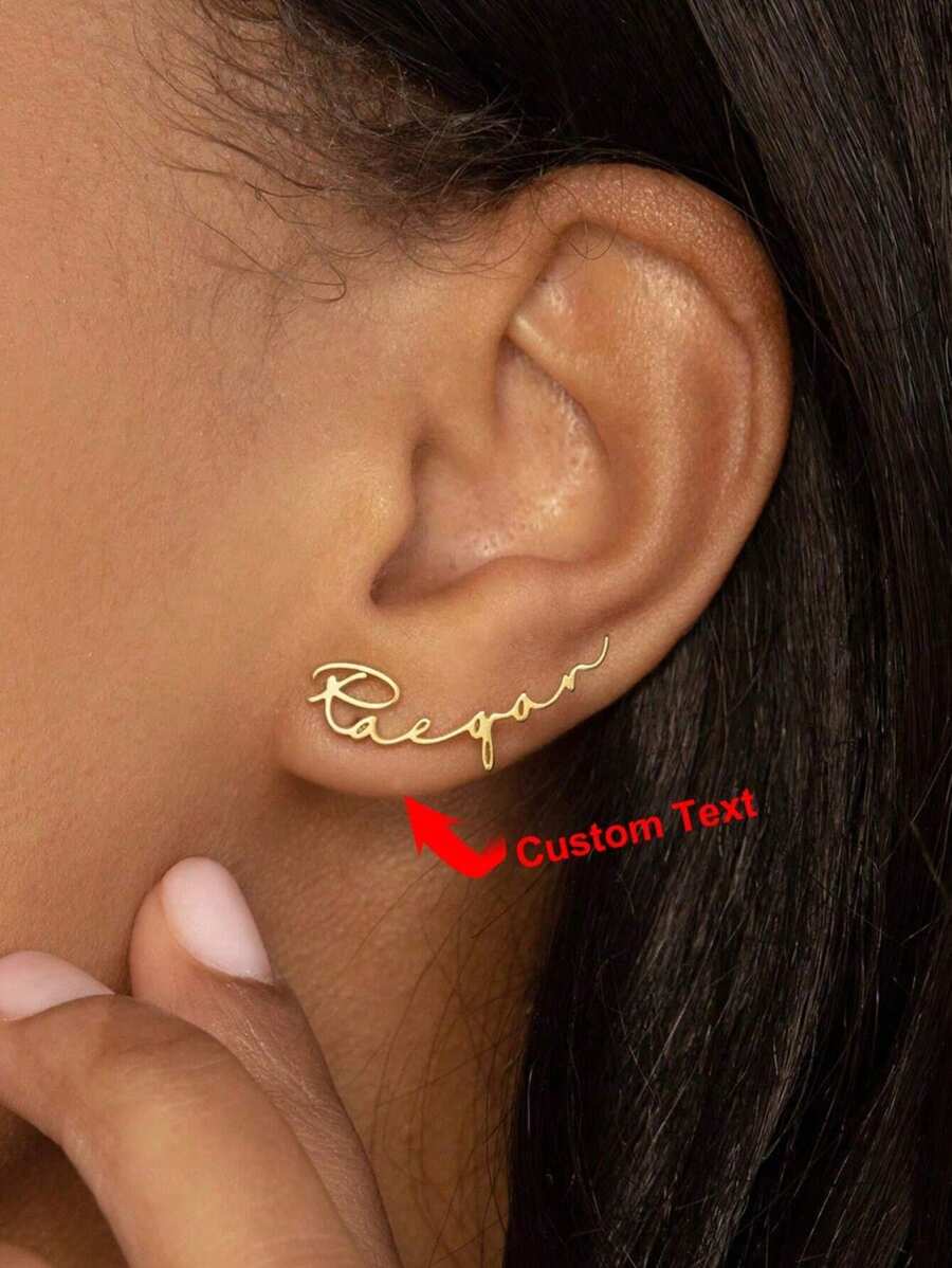 1 Pair Custom Name Stud Earrings For Girl Gold Color Stainless Steel Custom Name Earring Handmade Minimalist Christmas Jewelry Perfect Gift For Her Gold Stylish,Fall Fashion,Vintage,Unisex,Simple,Casual,Hipster,Goth,Punk Custom,Personalized