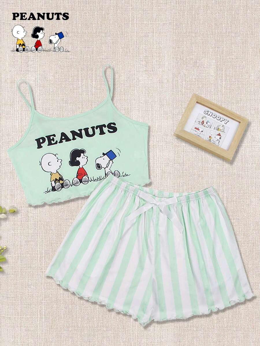 SNOOPY Authorized PEANUTS Snoopy Cute Printed Cami Top & Plaid Shorts, Sweet Summer Two Pieces Set Outfit