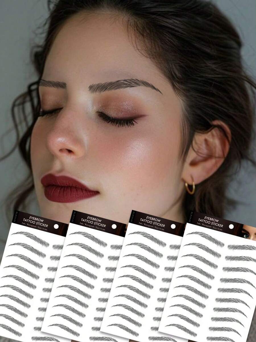 4 fogli di tatuaggi sopraccigliare 4D simili ai capelli, impermeabili, in stili sexy per donne: arcuati, naturali, rivolti verso l'alto, assottigliati. Tatuaggi sopracciliari temporanei duraturi, adesivi per trucco sopracciglia finte naturali