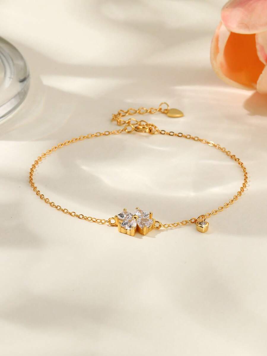 1 pieza Brazalete minimalista de moda de flor de trébol hueco de plata esterlina S925 con circonita, para uso diario, regalo ideal para mujeres, joyería para el Día de San Valentín y días festivos