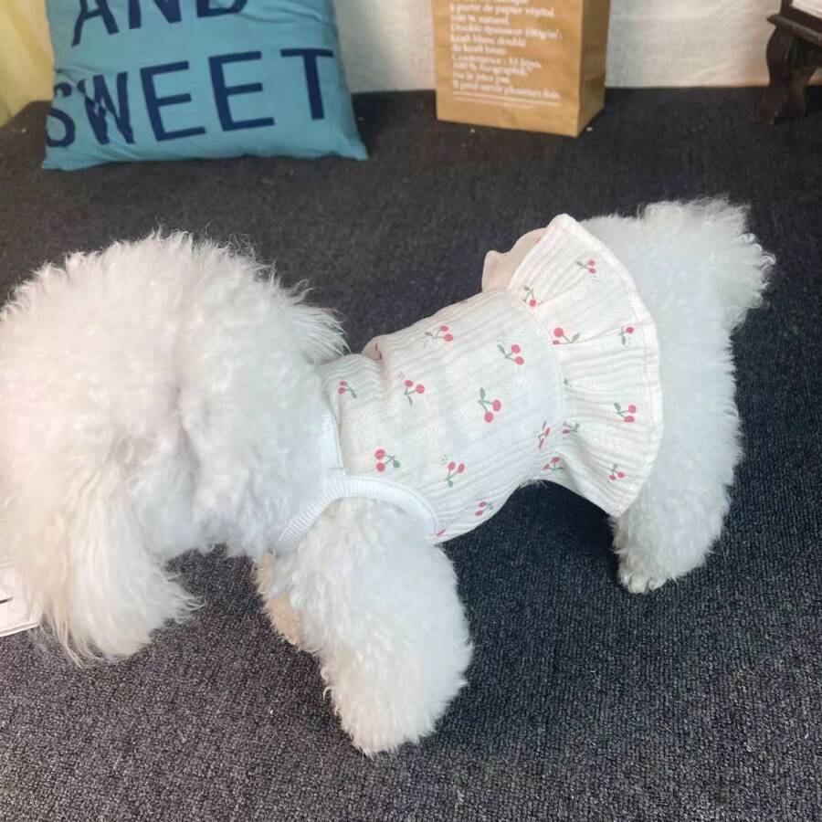 1pc Breathable Thin Dog Clothes, Suspender Princess Dress Outfit For Small Dogs Like Teddy, Bulldog, Poodle With Cute Cherry Print, Suitable For Home & Outing