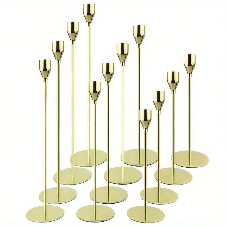 3pcs Set Simulated Gold Candle Holders, Smooth Glossy Finish, Column Shape With Candle Holder Top, Slim Stem, And Round Base, For Candle Placement, Creating Ambiance, Home Decor, Candlelight Dinner, Wedding, Anniversary