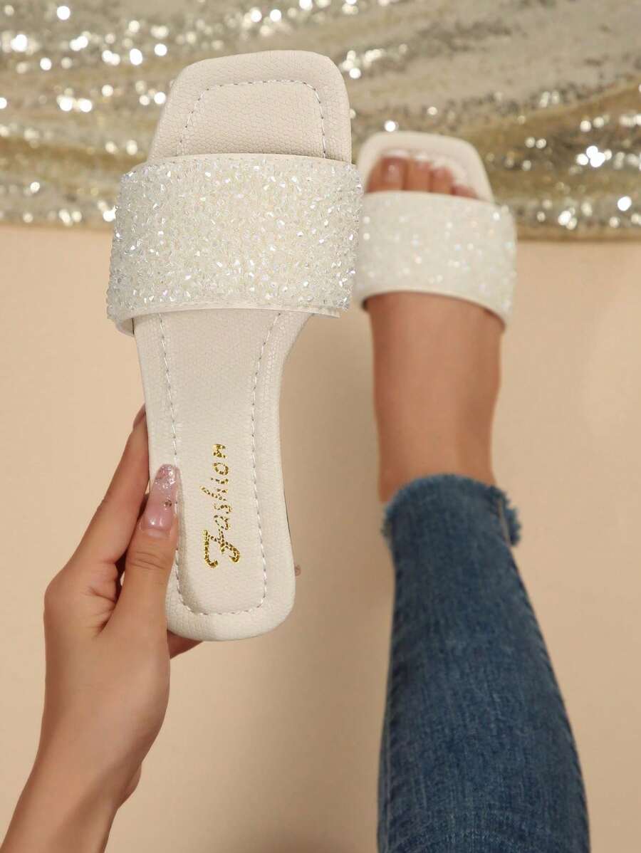 Women's Strap Crystal Embellished Slide Sandals, Summer Casual Versatile Outdoor Plastic Flat Slippers