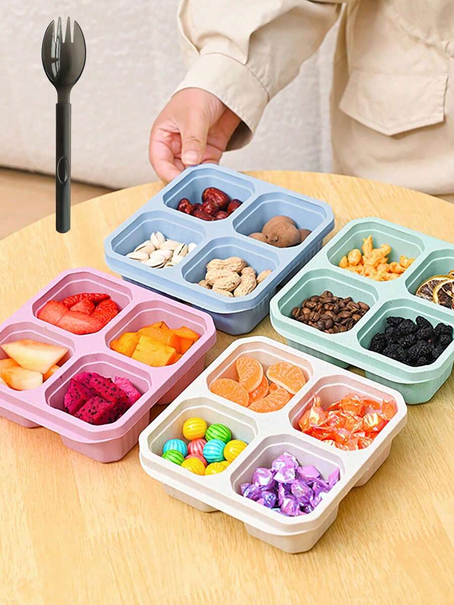 4-Compartment Covered Bento Box With Fork Set, Odorless Mixing, Suitable For Sharing And Packaging Food, Snack Boxes, Nut Candy Sealed Boxes, Snacks, Pastries, Fruits, Refrigerator Freshness Boxes