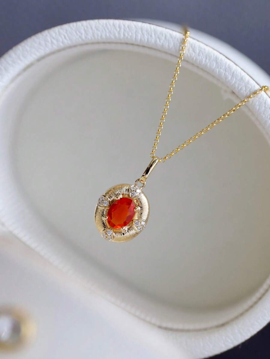 1pc S925 Sterling Silver Handmade Oval-Shaped Textured Orange Pendant Necklace, Versatile, Elegant Vintage Style Jewelry Gift For Women, Suitable For Daily Wear And Parties