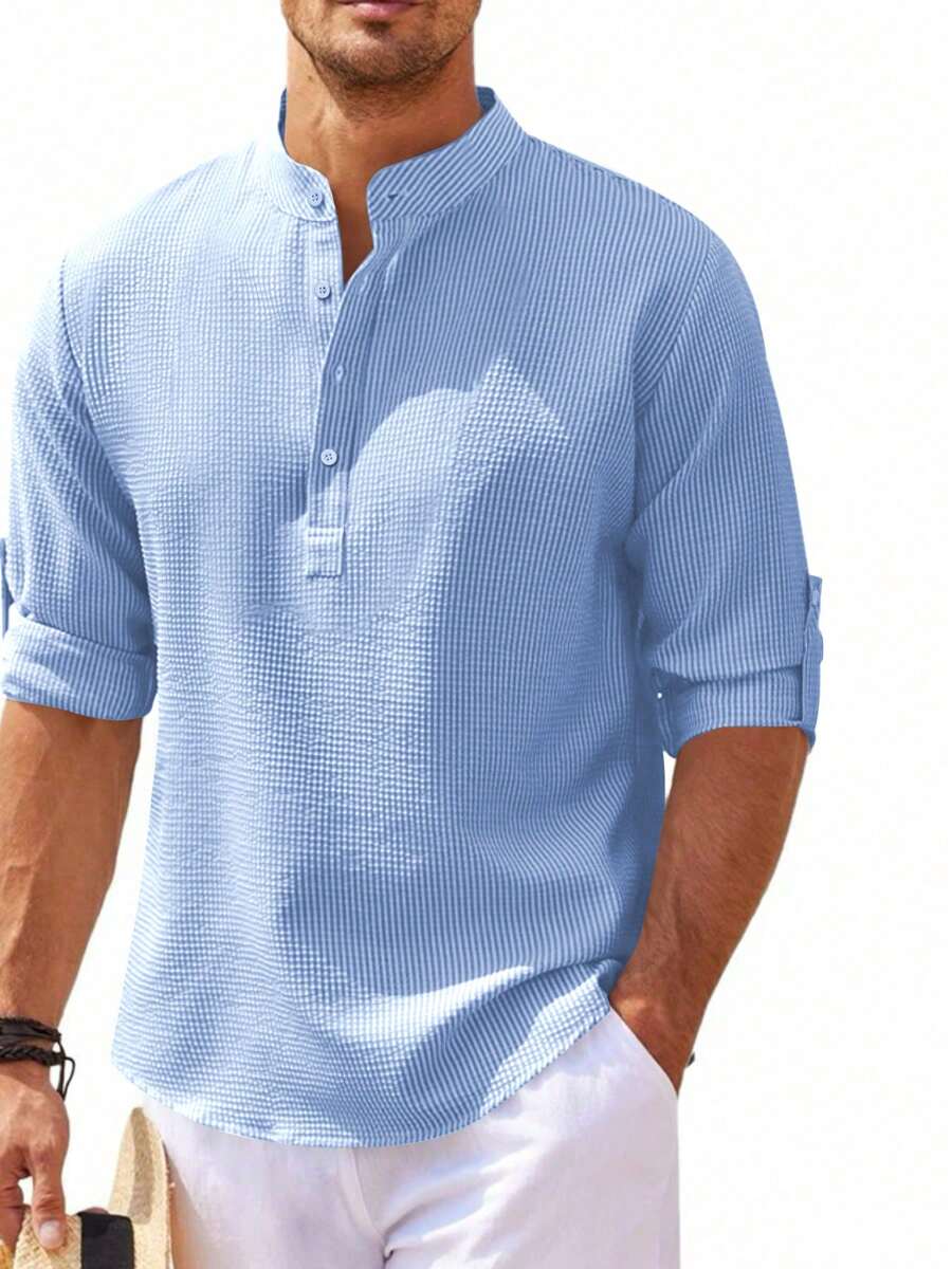 Camicia henley a maniche lunghe da uomo, con collo bottondato, a disegno a righe e quadri, casual e confortevole, in tessuto morbido, per uso quotidiano, estivo, da spiaggia e vacanza, con maniche arrotolabili, abbigliamento maschile di moda, adatto all'uso all'aperto, vestibilità classica, versatile, leggera, maglietta da uomo per uso quotidiano