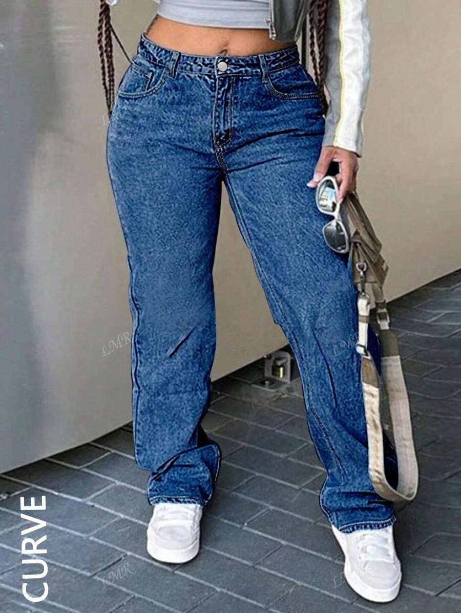 Jeans rectos casuales de pierna ancha con bolsillos para mujer talla grande