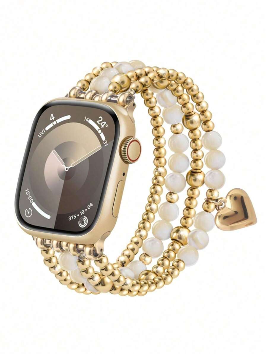 For Apple Watch Banb Beaded Bracelet Compatible With Apple Watch Band 38mm 40mm 41mm 42mm 44mm 45mm Women, Fashion Heart Pendant Elastic Stretchy Strap For Apple Watch Band Series 10 9 8 7 SE 6 5 4 3 2 1,Couple Gifts
