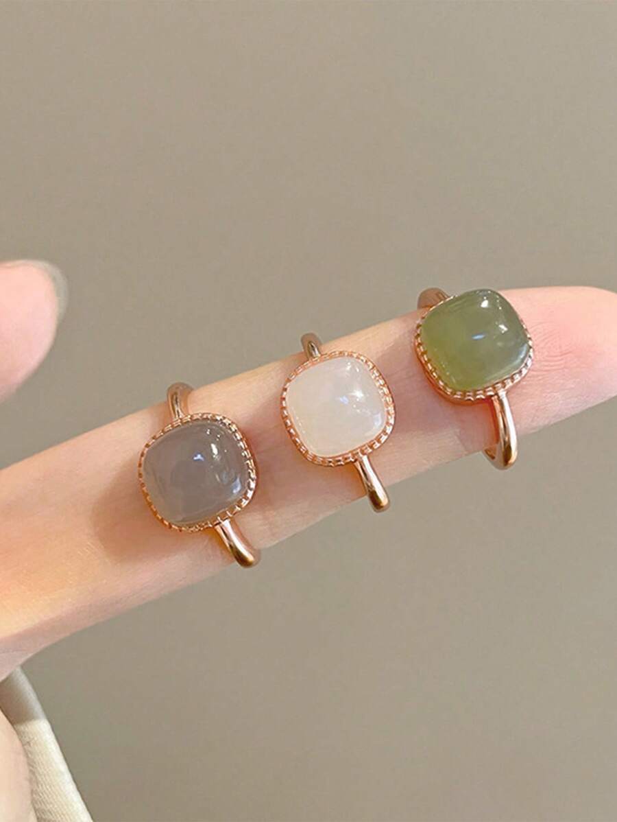 1pc Synthetic Hetian Jade Stone Square Ring For Women, Adjustable Open Design Suitable For Everyday Wear