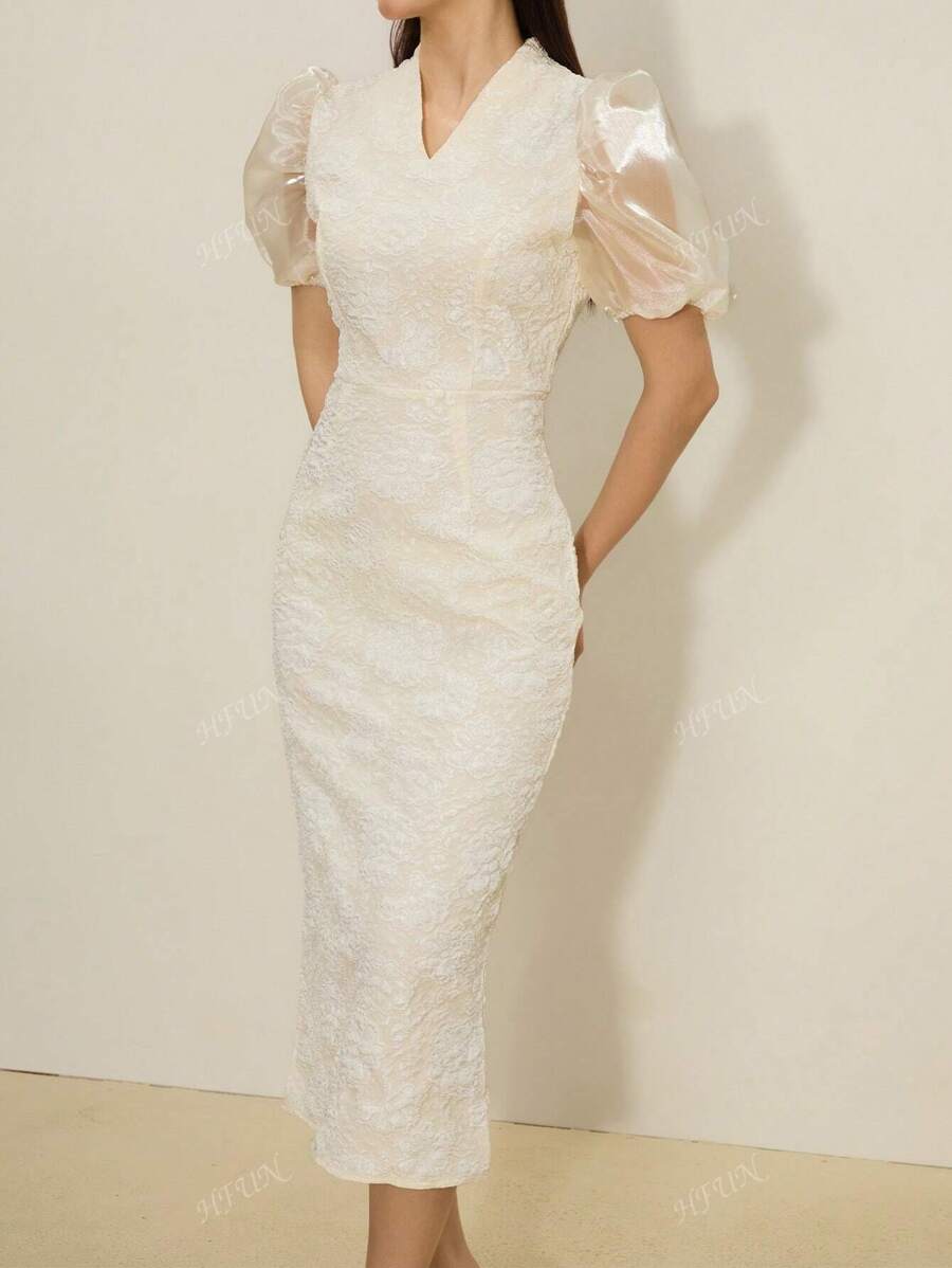 Women's Elegant 3D Floral V-Neck Puff Sleeve Dress, Spring/Summer, Party Dress, Prom Dress
