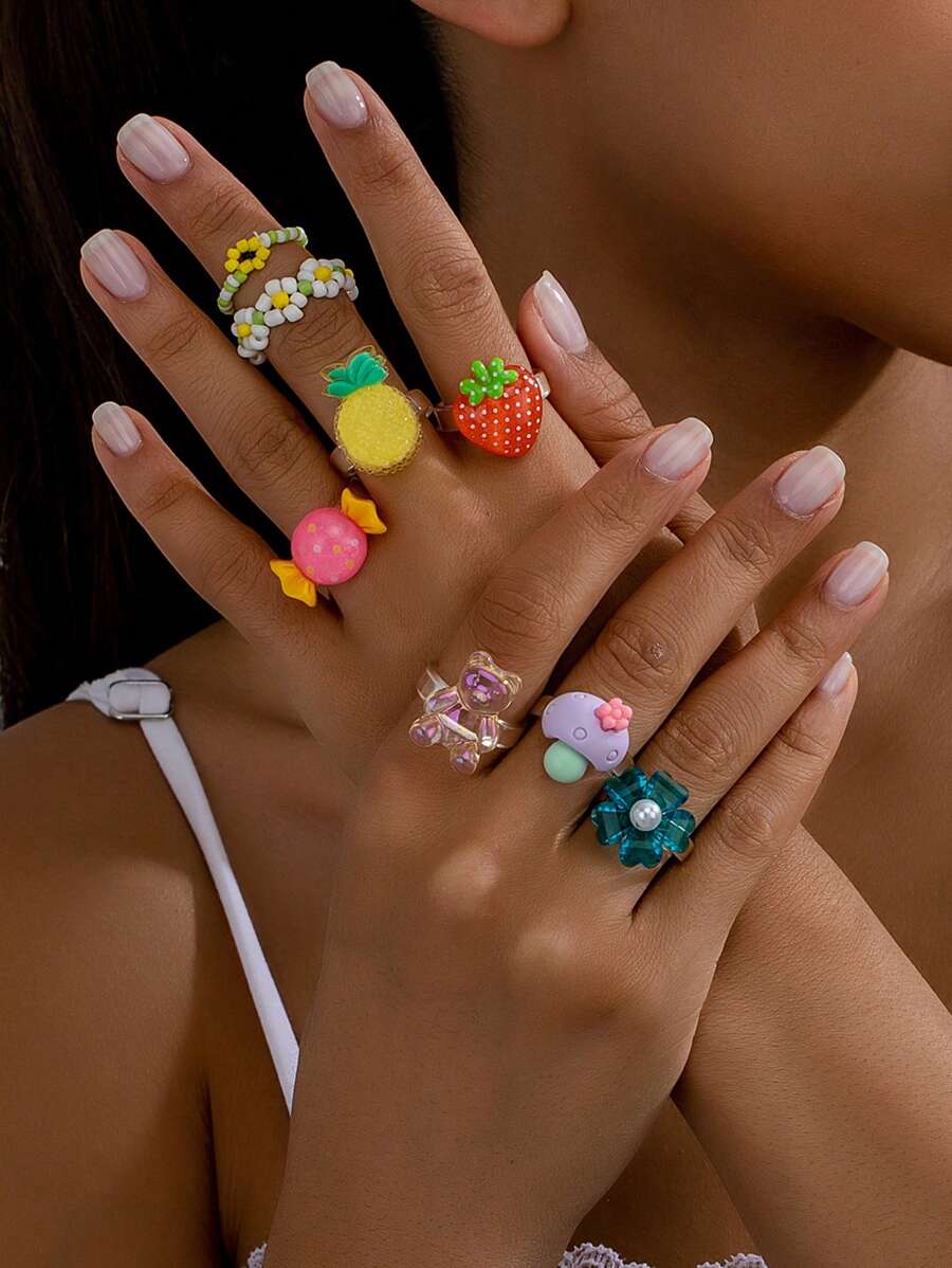 8pcs/Set Summer Dopamine Flower Resin Rings, Elegant Fresh And Simple Fruit Design Pineapple & Strawberry Rings For Women