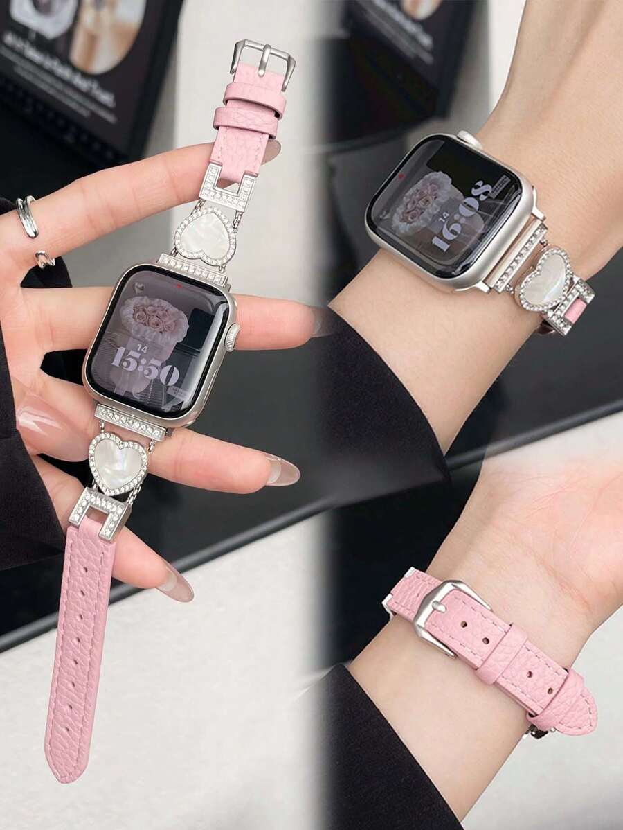 Kompatibel mit, 1 Stück junges & modisches universal Damen Armband mit stylischem, lässigem Luxus-Abaloneperlen-Herzanhänger, irisierend, glitzernd, verstellbares, weiches, modisches pinkes Lederarmband kompatibel mit Smart Watch Ultra3/2/1 SE S10/S9/S8/S7/S6/S5/S4/S3/S2/S11 Serien 38mm 40mm 41mm 42mm 44mm 45mm 49mm, Smartwatch Armband Zubehör, Geschenk für Freundinnen, Freunde, Familie