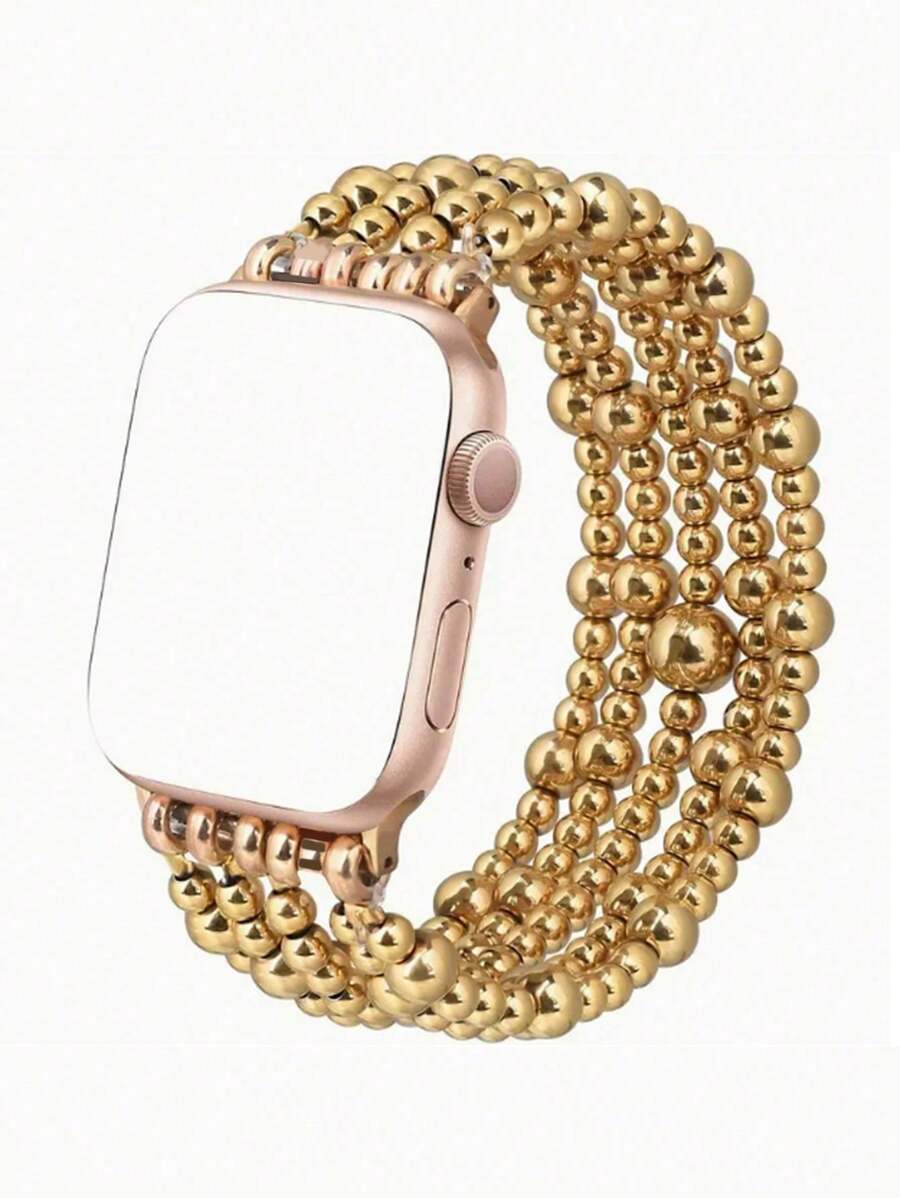 Beaded Bracelet Compatible With Apple Watch Band 41mm 40mm 38mm 42mm 44mm 45mm 49mm Women, Golden Beads , Cute Handmade Elastic Stretch Strap For Series SE 9 8 7 6 5 4 3 2 1,Couple Gifts,Gold Bracelet Set