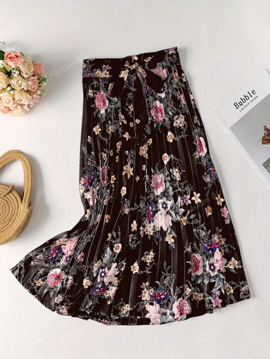 Falda elegante con pliegues y cintura con lazo en satén estampado para mujer