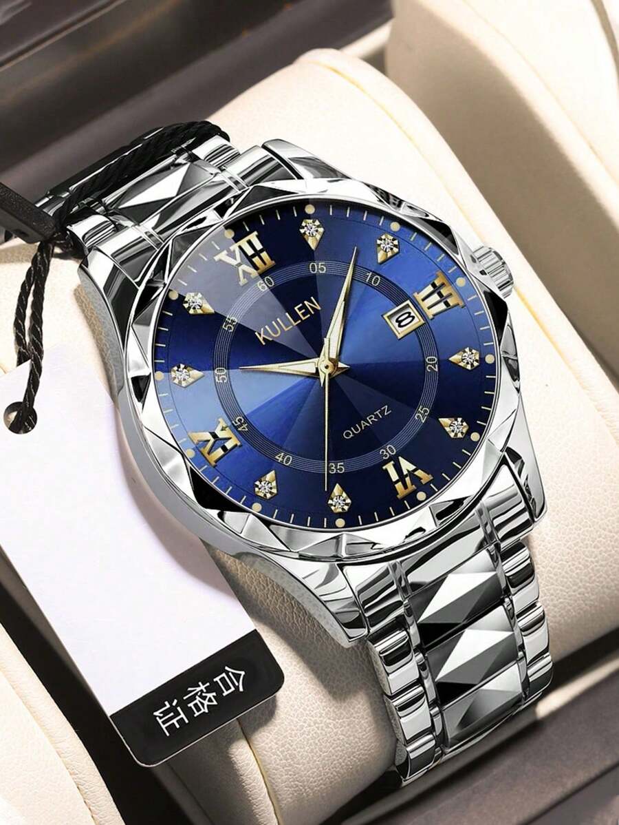Reloj de cuarzo de marca de lujo para hombre, de acero inoxidable dorado, con fecha, visualización del día de la semana, acentos de diamantes y esfera luminosa