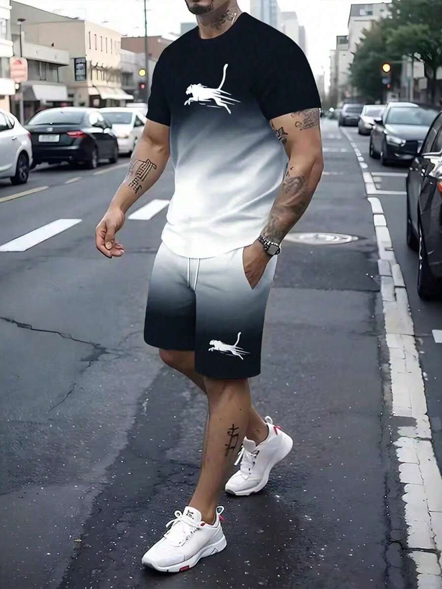 Ensemble 2 pièces : T-shirt décontracté à col rond à manches courtes avec imprimé dégradé et short à cordon de serrage à la taille pour homme, tenue d'été