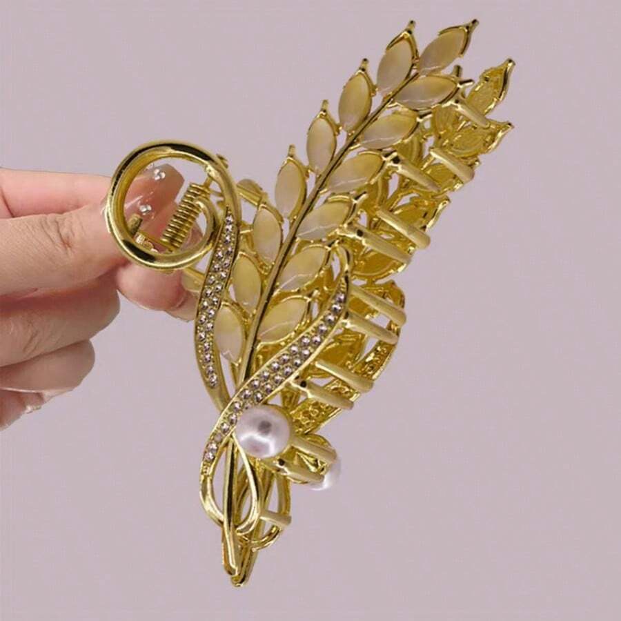 1pc New Cat Eye Stone Wheat Ear Clip Hair Clip, Women Hair Claw, Luxury Retro Metal Leaf Hair Clip Summer
