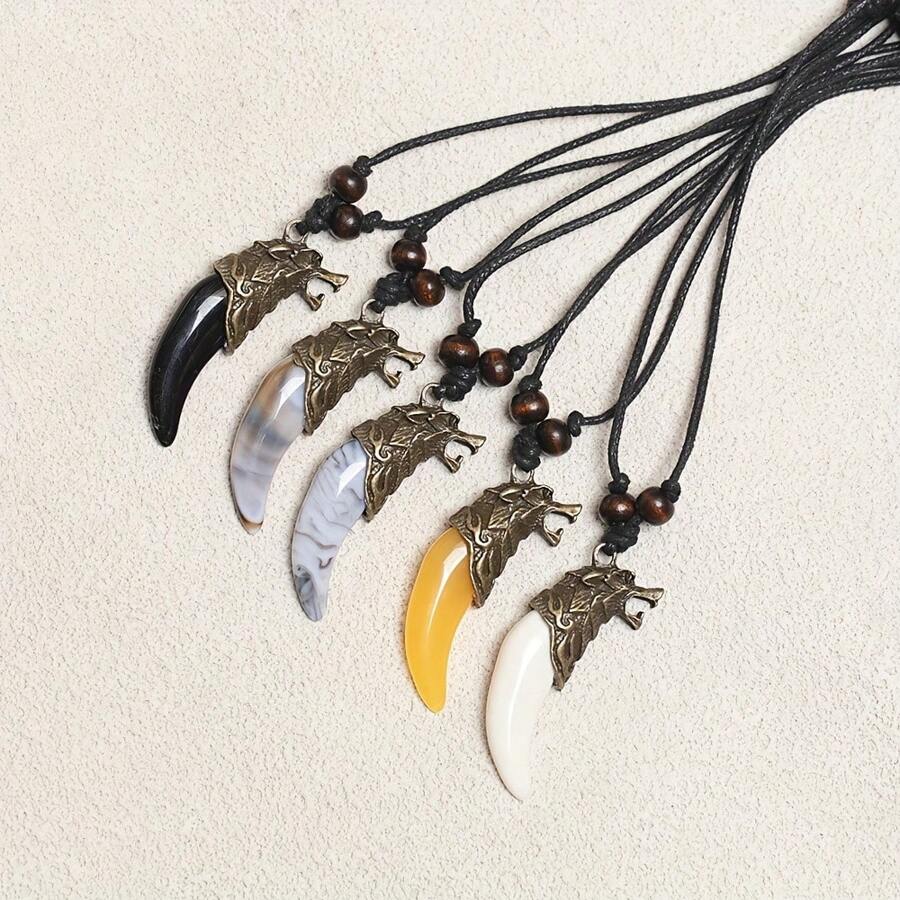 5 pièces Collier réglable tressé unisexe avec pendentif tête de loup. Parure de bijoux mode et casual pour couple, pour usage quotidien et occasions multiples