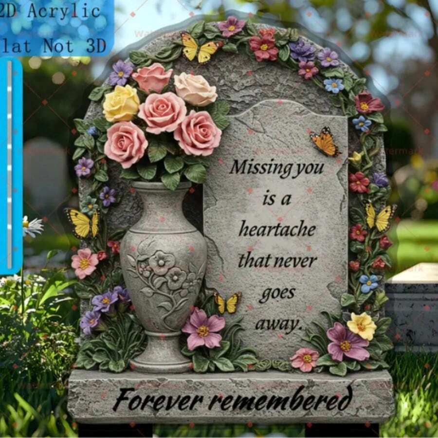 2D Flat, 1 Piece Classic Memorial Acrylic Garden Stake Plaque With Floral & Butterfly Design, Ground Installation, No Electricity Needed, Perfect For Easter Or Cemetery/Garden Decoration | Classic Memorial Design | Includes Flower Vase, Memorial Day Decoration