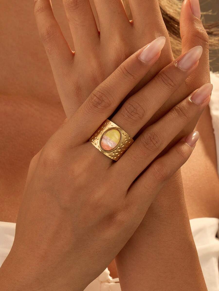 1 pieza Anillo de color degradado naranja, blanco y amarillo, chapado en acero inoxidable con acabado en oro de 18k, elegante estilo francés, adecuado para uso diario, fiestas, festivales, vacaciones en la playa, regalos o colecciones