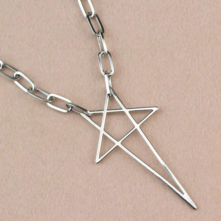 1pc Punk Rock Vintage Hollow Five-Pointed Star Pendant Necklace, Party Jewelry For Men