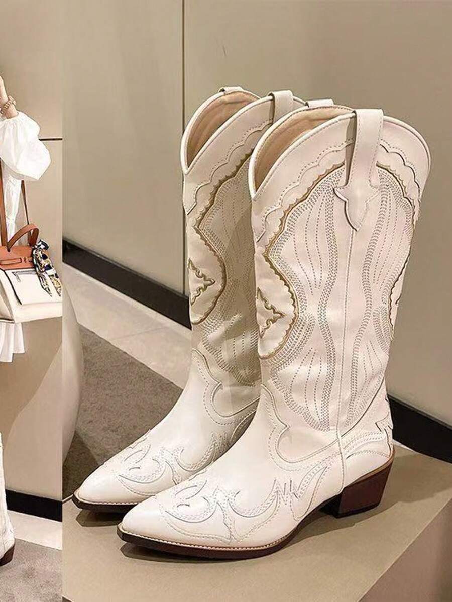 Women's Western Style Mid-Calf Boots With V-Cut, White Embroidery & Printed Decoration, Pointed Toe, Low & Chunky Heels, Tall Riding Boots,