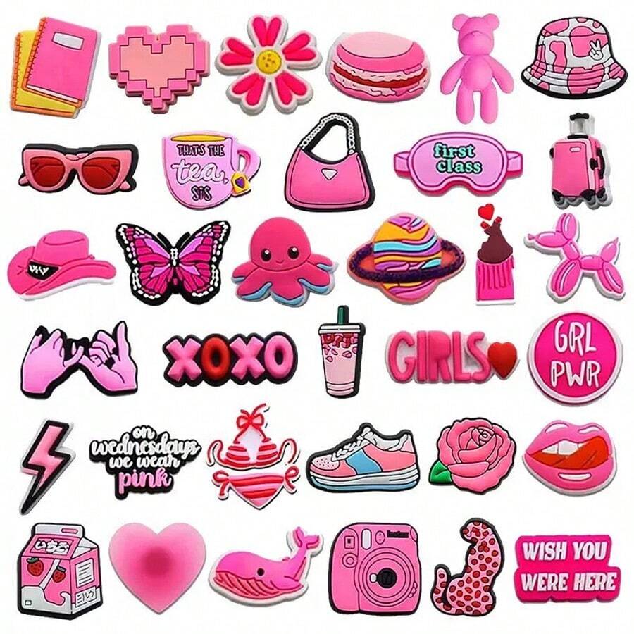 12pcs/22pcs Pink Series Holey Shoes Shoe Flower Set Accessories For Shoes, Beach Bag, Wristband Accessories - Detachable Creative DIY Accessories, Cartoon Design - Ideal Gift For Birthday, Christmas, Valentine's Day, Halloween