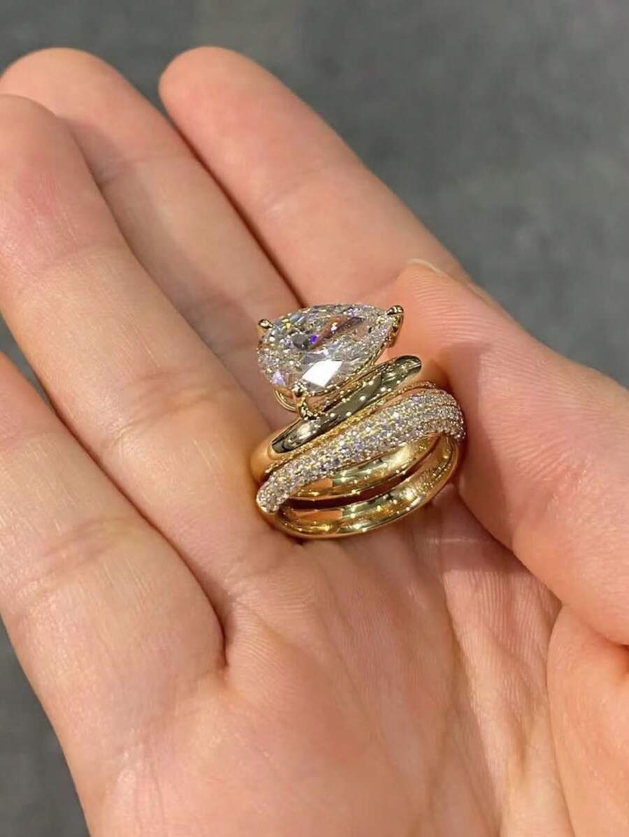2pcs Set French Luxury S925 Silver Material Water Drop Zirconia Gemstone Women's Jewelry Rings, Suitable For Engagement, Wedding, Holiday Gifts