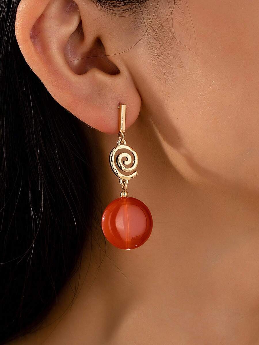 1 Pair Bohemian Vintage Women Elegant Earrings, Swirl Spiral Round Pendant Orange Resin Earrings, Fashionable Jewelry For Party, Festival And Everyday Wear