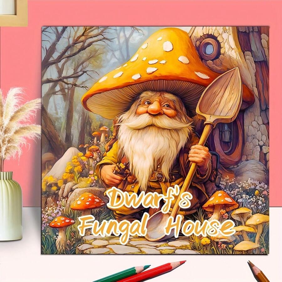 Deluxe Adult Coloring Book - 22 Thick Pages, Single-Sheet Dwarf's Fungal House Fantasy Artwork - Ideal For Halloween, Thanksgiving, Christmas & Holiday Gifts, Book, Back To School, School Supplies