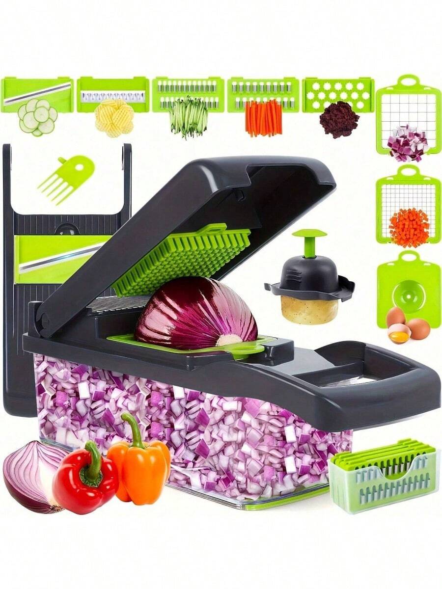 1 Picador de cebolla de verduras, Máquina de cortar multifuncional, Herramienta de procesamiento de ingredientes, Picador de cebolla con cesta de drenaje, Picador de zanahoria y ajo con contenedor, Utensilios de cocina, Accesorios de cocina, Adecuado para uso doméstico/restaurante para un corte rápido
