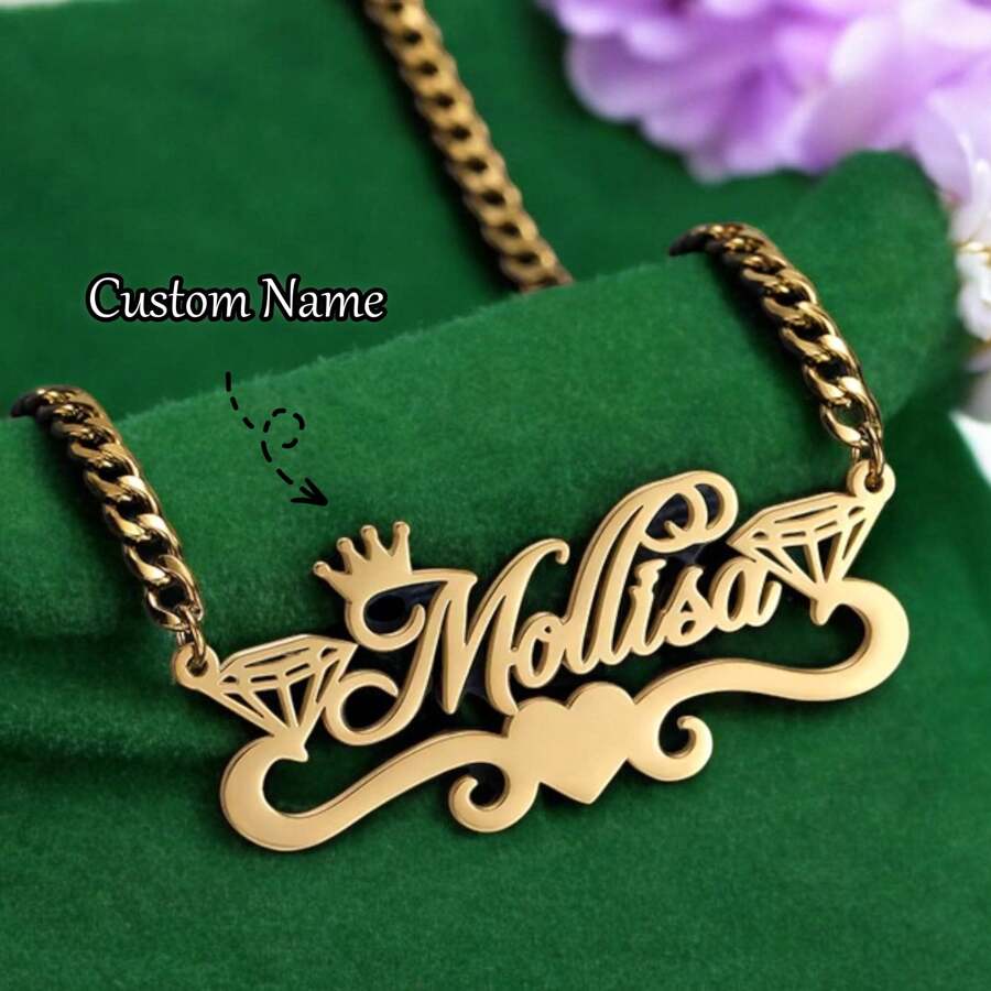 Collier personnalisé avec nom et couronne – Chaîne cubaine de 5 mm en acier inoxydable, bijou personnalisé avec plaque signalétique, cadeau pour femme
